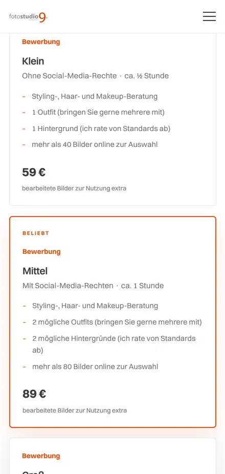 Preisliste von fotostudio9 auf dem Handy
