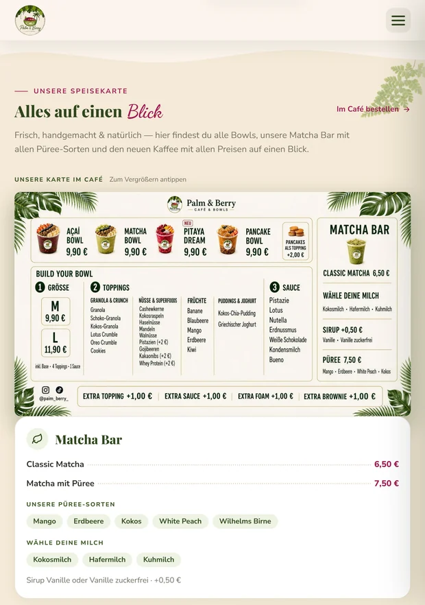 Speisekarte von Palm & Berry auf dem Tablet