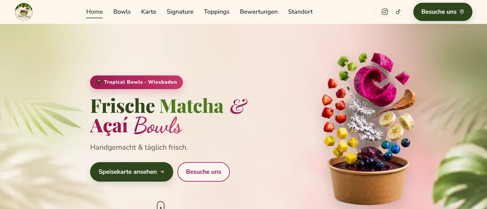 Startseite von Palm & Berry: Frische Matcha & Açaí Bowls