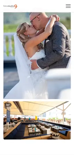 Portfolio von fotostudio9 auf dem Handy: Hochzeits-, Business- und Weingut-Fotos kippen beim Scrollen nacheinander auf