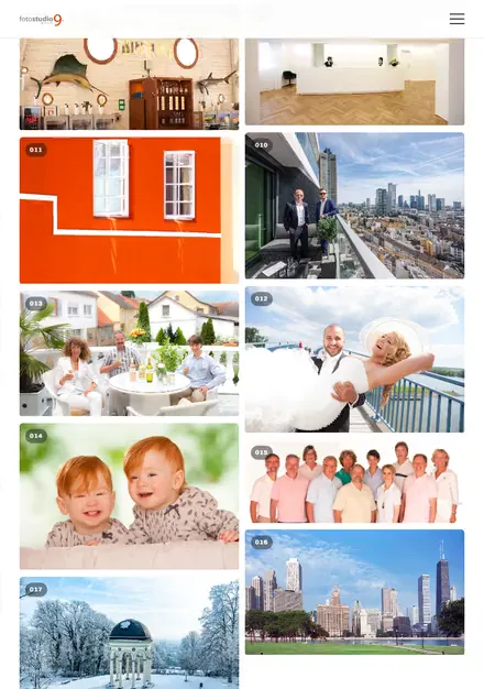 Portfolio von fotostudio9 auf dem Tablet: Fotokacheln aus Event, Unternehmen, Architektur und Drohne kippen beim Scrollen in 3D auf