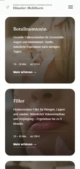 Behandlungs&uuml;bersicht des Laserzentrums H&auml;usler-Mehlhorn auf dem Handy: Karten f&uuml;r Botox, Filler, Lasertherapie und Operationen