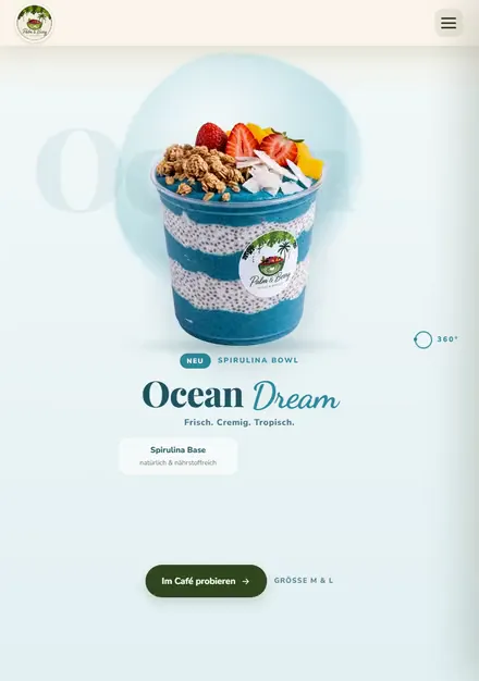 Signature-Bowl Ocean Dream von Palm & Berry auf dem Tablet: die Bowl dreht sich um 360 Grad, Zutaten blenden nacheinander ein