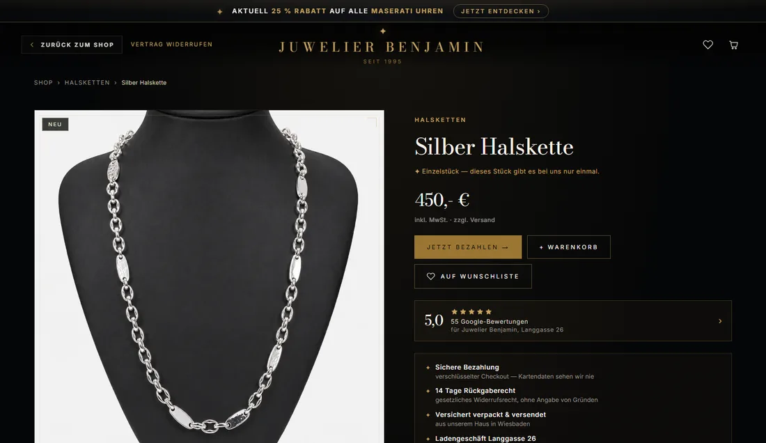 Produktseite im Online-Shop von Juwelier Benjamin am Bildschirm